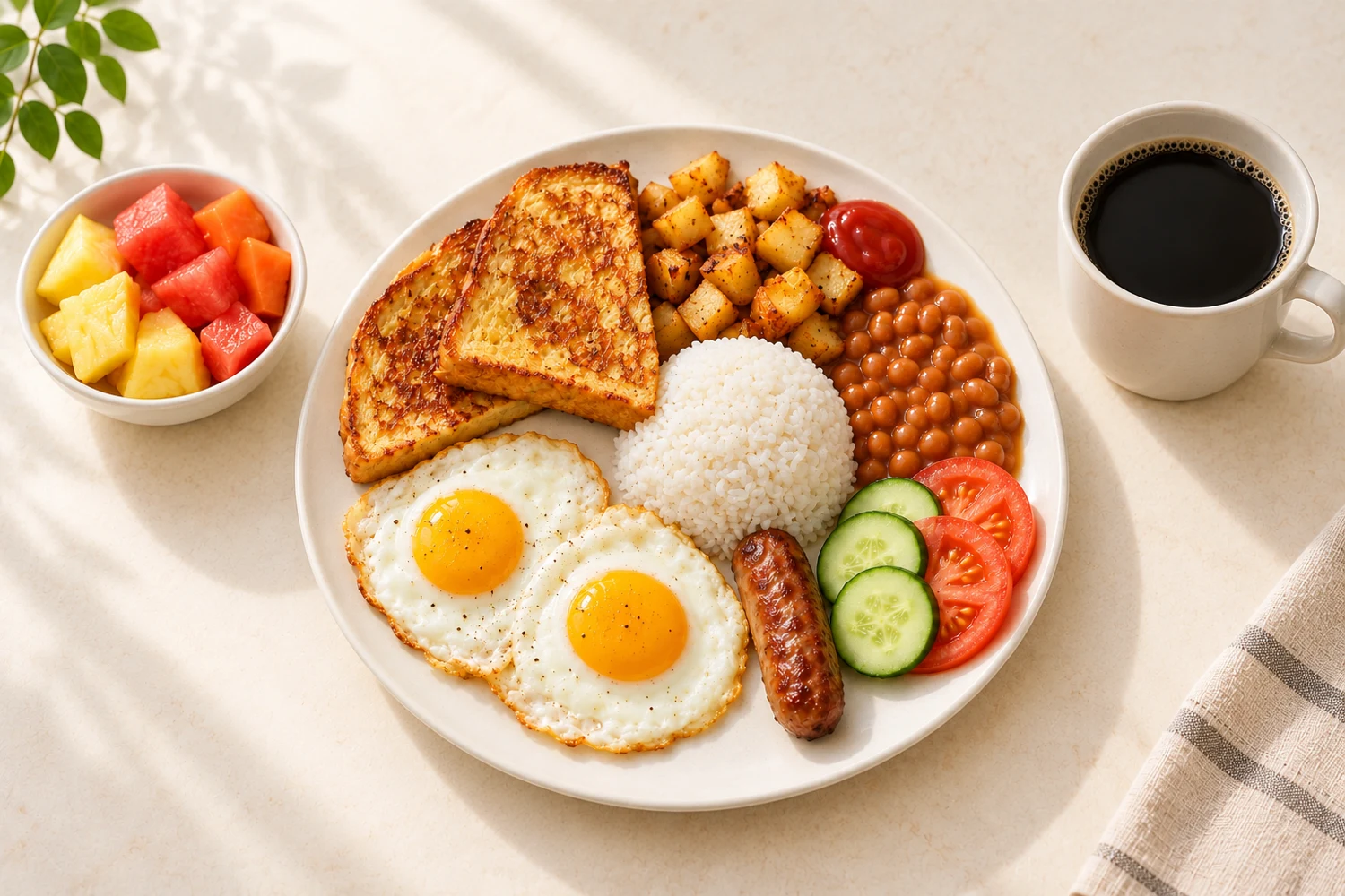 Illustrative PROTEIN SLAM breakfast plate with eggs, sausage, French toast, rice, vegetables, fruit and coffee